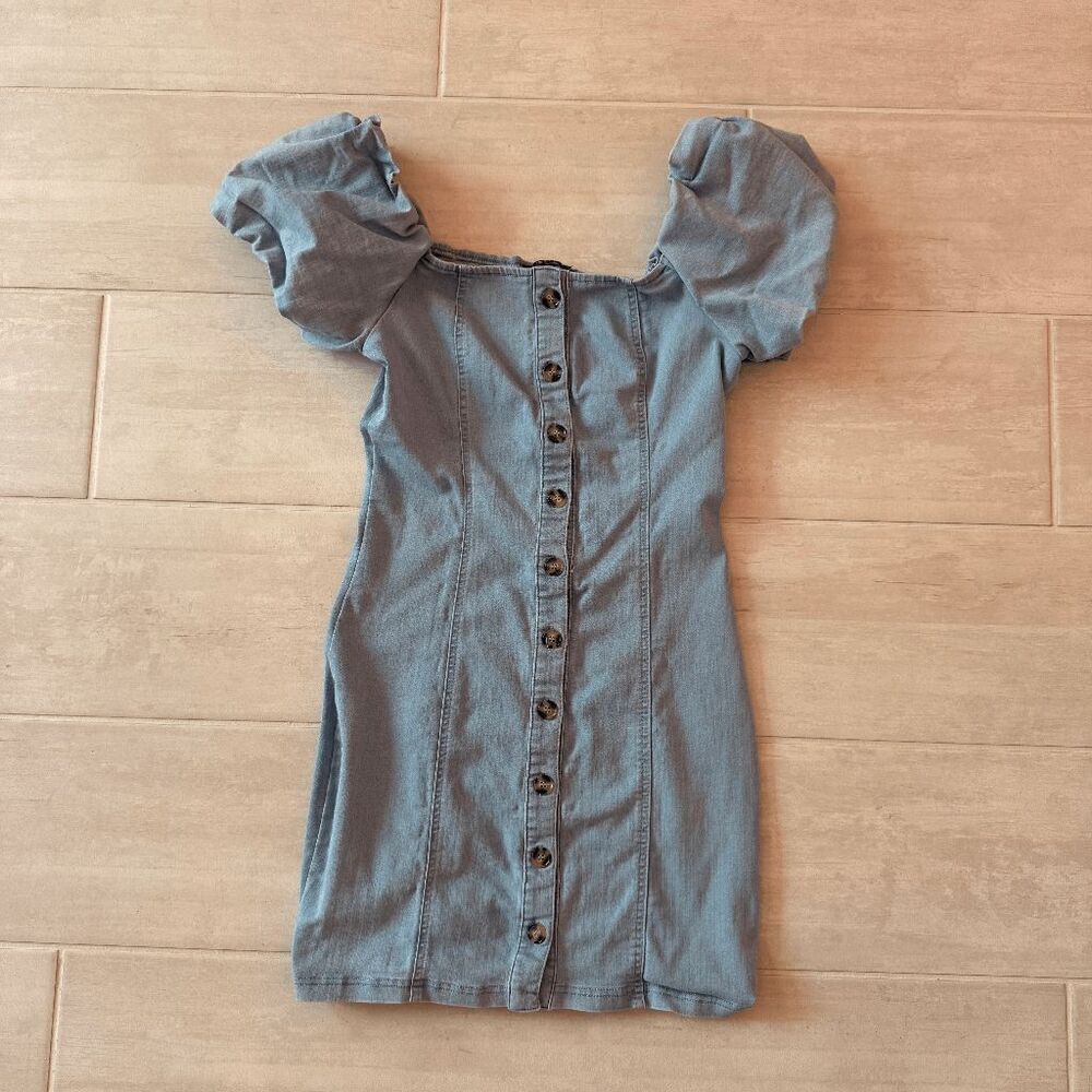 Blashe Square Neckline Puffed Sleeves Linen Blend Mini Dress Denim Blue Small
